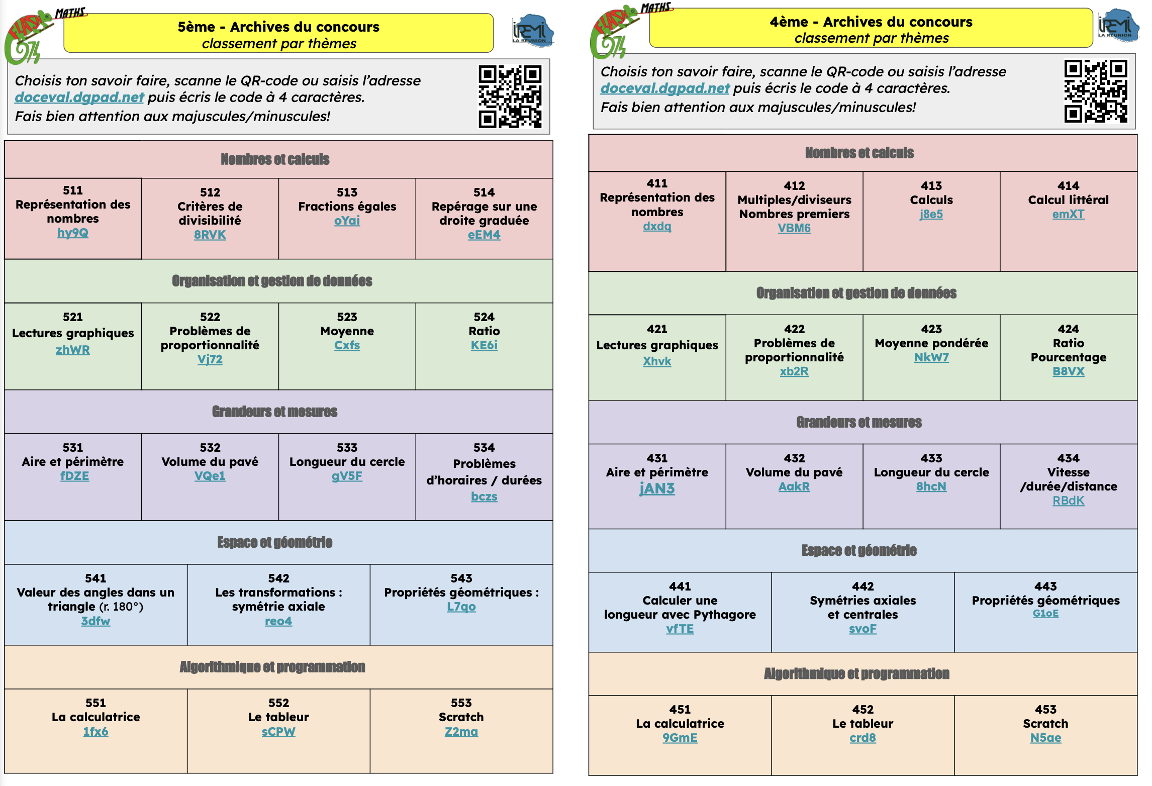 Thèmes et sous-thèmes du concours Flash Maths 974