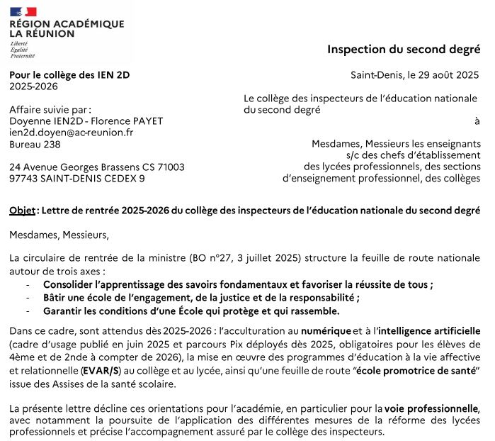 Version partielle de la Lettre de rentrée des IEN2D