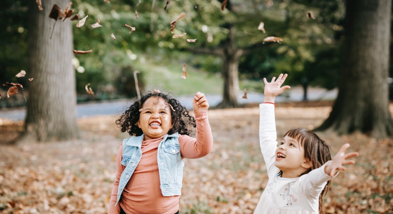 enfants jetant des feuilles en l'air