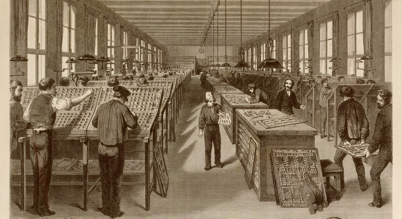 L'atelier de composition de l'imprimerie mame de Blanchard, gravure sur bois