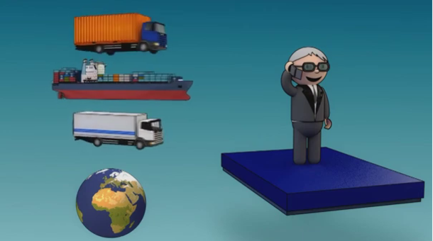 1 commissionnaire de transport avec sur la gauche la rreprésentation du globe terrestre et des 2 modes de transport, routier, maritime
