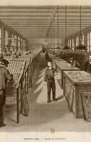 L'atelier de composition de l'imprimerie mame de Blanchard, gravure sur bois