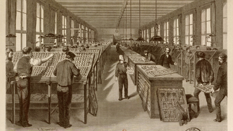 L'atelier de composition de l'imprimerie mame de Blanchard, gravure sur bois