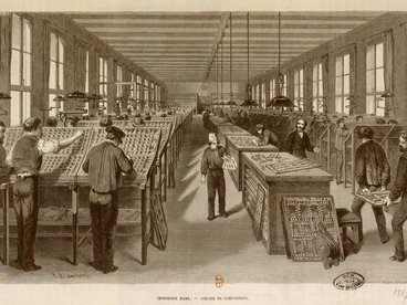 L'atelier de composition de l'imprimerie mame de Blanchard, gravure sur bois