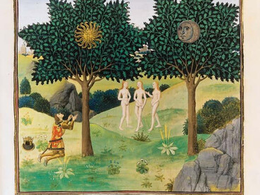 Réalisées à la demande du duc de Bourgogne Philippe le Bon et somptueusement enluminées, les Chroniques d'Alexandre offrent une représentation de la célèbre scène de la rencontre du roi avec les arbres du Soleil et de la Lune, lors de ses fabuleuses aventures indiennes. Doués du pouvoir de lui révéler l'avenir, les arbres annoncent au conquérant sa fin prochaine.